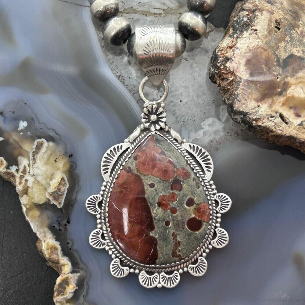 Sterling Southwestern Style Wide Teardrop Peanut Obsidian Pendant For Women